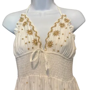 NWT Embroidered Smocked Tiered Boho Halter Maxi Dress L Real Love Fairycore Gold thumbnail 2