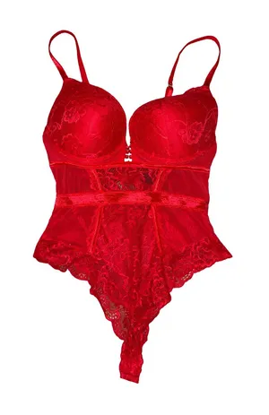 Rachel Roy Red Lace Bodysuit Teddy Size L Underwire Sheer Lingerie thumbnail 1