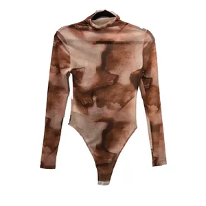 SheIn Sheer Body Suit Small Abstract Print Brown Travel‎ Vacation Layering Maximalist thumbnail 9