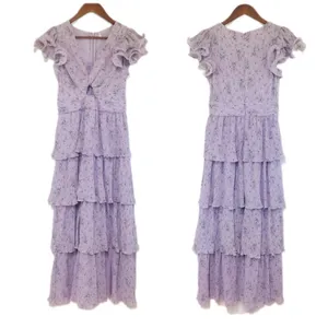 ASTR the Label Pleated Tiered Midi Dress Small Purple Floral Wedding Guest Party thumbnail 3