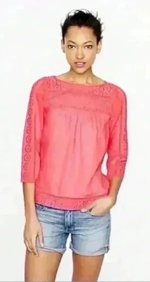 J.Crew Women’s Linen Salmon Coral Eyelet Top Size XS‎ Lightweight Casual thumbnail 1
