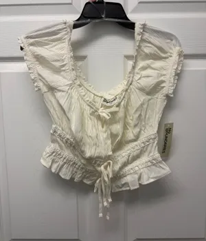 No Boundaries Cream Ruffle Tie-Front Peplum Crop Top thumbnail 1