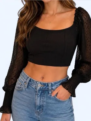 Urban Outfitters Black Square Neck Crop Top with Sheer Swiss Dot Puff Sleeves thumbnail 1