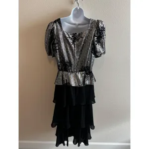Vintage 80s Prom Lizzy & Johnny Dress Silver Black Metallic Velvet Whimsigoth thumbnail 2