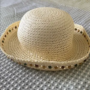 Chic Cream Beaded Crochet Paper Hat thumbnail 1
