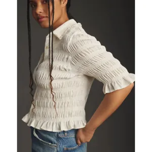 Anthropologie Maeve Smocked Button-Front Top Vanilla White Medium thumbnail 12