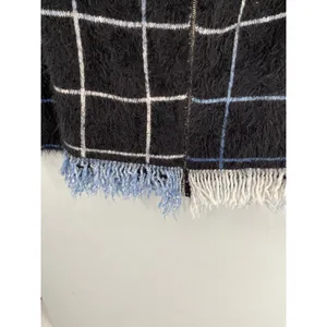 Arette Womens Cardigan Fuzzy Grid Plaid Fringe Zip Up Black Blue Large thumbnail 8