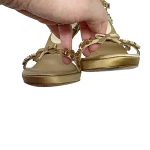 Prada Jeweled Satin Ankle Strap Heels Gold Bow Embellished Sandals 37 thumbnail 8