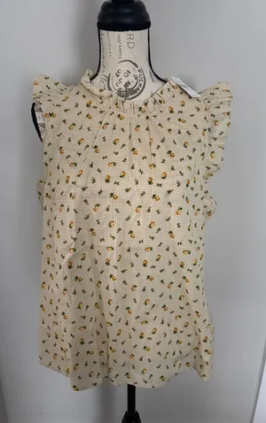 LOFT - Large Cream Sleeveless Floral Ruffle Neck Blouse thumbnail 1