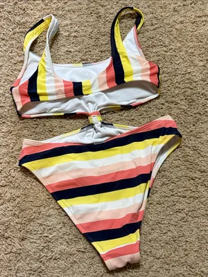 Abercrombie Striped One-Piece Swim Suit with Knot Front - Yellow, Pink, Navy thumbnail 5