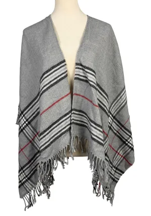 V. Fraas Wrap Shawl Scarf Womens One Size Plaid Fringe Open Front Grey thumbnail 1