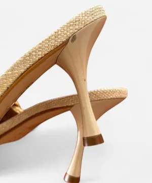 Axel tan nude straw woven square toe heeled slip on sandals sz 6 women thumbnail 8