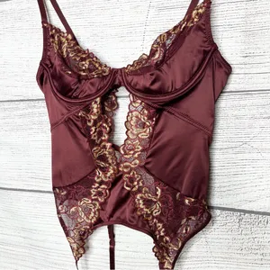 Frederick’s of Hollywood Burgundy Satin & Gold Lace Bustier w/ Garter Straps thumbnail 2
