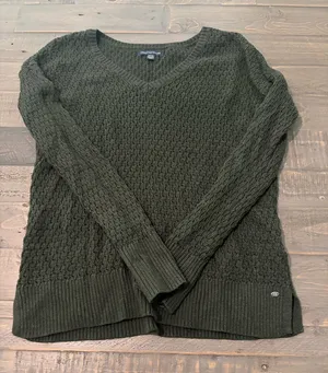 American Eagle Women’s Small Forest Green Textured V-Neck Knit Sweater thumbnail 1