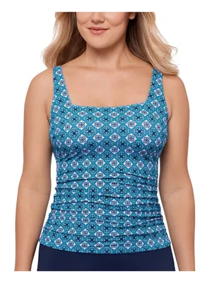 Swim Solutions Womens Printed Tummy-Control Tankini Swim Top 807104 Tile Blue 8 thumbnail 6