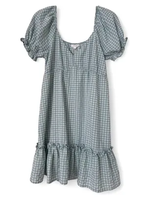 Teal & White Checkered Puff Sleeve Mini Dress - Size Large | E&M Boutique thumbnail 1