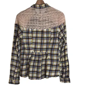 Free People Women's Flannel Plaid Crochet Lace Button Up Shirt Yellow Size XS thumbnail 10