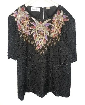 VINTAGE Laurence Kazar 100% silk beaded shirt black embellished art to wear XL thumbnail 1