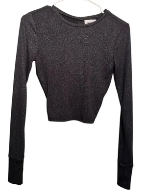 Open Edit Women's Size XXS Long Sleeve Athletic Top Gray Metallic Open Back Crop thumbnail 1