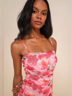 Lulus Blossoming Excellence Pink Floral Mesh Ruched Midi Dress Size Medium Party thumbnail 3