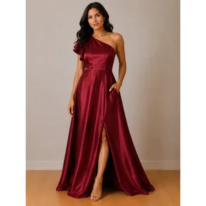 JJs House Burgundy Satin One Shoulder Ruffle Maxi‎ Gown Dress Pockets Size 4 NEW thumbnail 2
