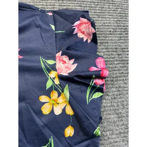 Womens Floral Flutter Sleeve Top Shirt Navy Blue‎ Pink Yellow Crew Neck Large thumbnail 3
