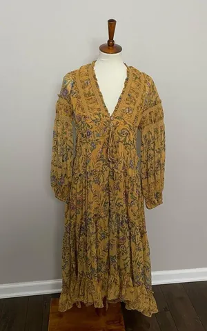 Free People Dress Cassis Midi Maxi Floral Lace Tiered Lined Boho Mustard Yellow thumbnail 2