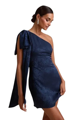 Lulus Jayda Navy Satin Jacquard One-Shoulder Sash Mini Dress size L NWT thumbnail 1