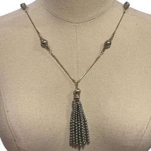 Silver-Tone Tassel Necklace with Faux Pearl Station Beads and Rhinestone Accents thumbnail 1