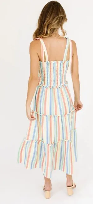 Aakaa NWT pastel rainbow smocked ruffle tiered shoulder tie midi dress Sz Large thumbnail 2