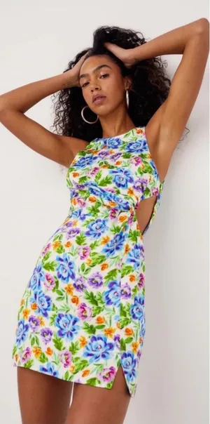 NWT For Love and Lemons Lucy Open Back Cutout Mini Dress Multi Floral Women’s XS thumbnail 1