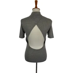 Trendy Mock Neck Open Back Grey Bodysuit Cutout Stretch Top Medium Y2K Aesthetic thumbnail 5