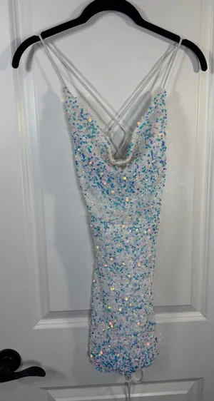 Lucy in the Sky White Iridescent Sequin Cowl Neck Lace Up Mini Dress Size S thumbnail 1