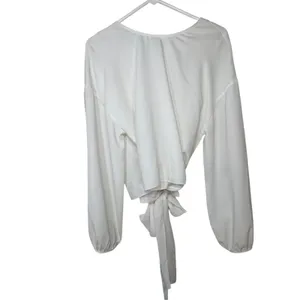 Wilfred Aritzia White Wrap Blouse Womens S Silk Trim Balloon Sleeve Cropped Top thumbnail 11