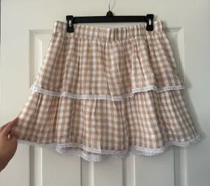 BNWT Neutral Gingham Lace Trim Tiered Mini Skirt thumbnail 1