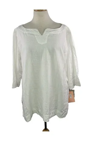 Elisabeth Sz 1X 100% Linen White Tunic Blouse Lagenlook Minimalist Coastal thumbnail 1