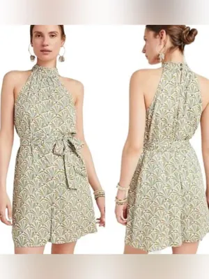 Anthropologie Maddie Foliage Halter Romper Green White S EUC thumbnail 2