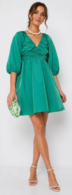 Hyacinth House‎ Emerald Green Tuckernuck M Ruched V-Neck Genevieve Mini Dress thumbnail 1