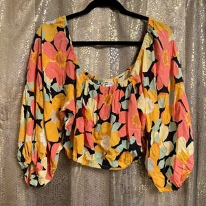 Billabong Yellow Orange Pink Floral Sun City Puff‎ Sleeve Crop Blouse Large thumbnail 1
