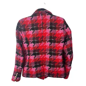 Anthropologie Exploded Plaid Tweed Blazer Medium Red Pink Gold Button Jacket thumbnail 5