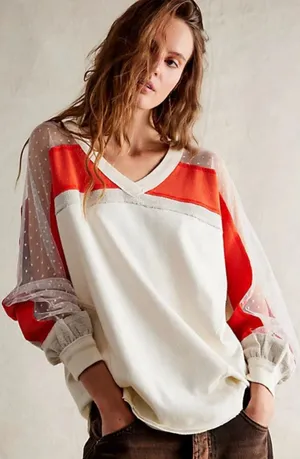 We The‎ Free Roadside Tee Orange Cream Pullover Swiss Dot Mesh Balloon Sleeves thumbnail 1