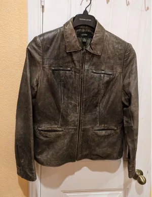 Alfani Leather “Distressed” Bronze Jacket Biker Moto Size L Zippers Fla… thumbnail 1