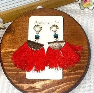 Aesthetic Red Tassel Earrings, Fabric Fringe SmallTassel Earrings Trendy Tassel thumbnail 1