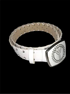 Groovy 70’s off white faux leather belt with awesome metal peace sign buckle! thumbnail 6