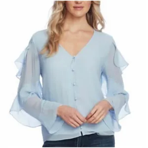 Vince Camuto Light Blue Ruffle Long Sleeve Chiffon Blouse‎ M NWT Button Front thumbnail 1