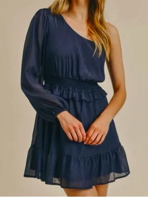 Lush Navy One-Shoulder Shimmer Mini‎ Dress Medium NWT thumbnail 1