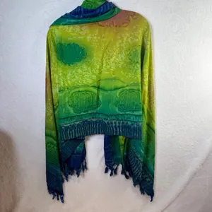 Rima Tropical Fish Batik Sarong Wrap Green Blue Tassel Fringe Beach‎ Cover Up thumbnail 2