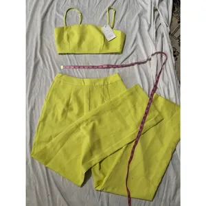 Aria Chartreuse Lime Two Piece Crop Top Wide Leg Pants Matching Set thumbnail 3