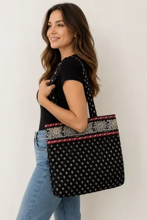 Vera Bradley Quilted Tote Bag Black Floral Print Shoulder Bag Large Cotton thumbnail 1