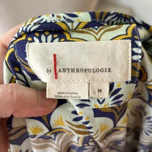 Anthropologie Milkmaid Puff Sleeve Navy Cream Yellow Mosaic Block Print Dress thumbnail 5